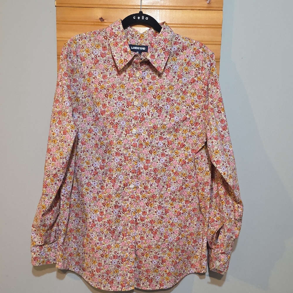 Lands' End Ditsy Floral Button Down Shirt Women's M Pink Red Yellow EUC‎